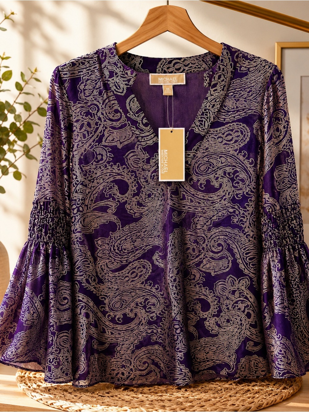 Michael Kors Purple Paisley V-Neck Bell Sleeve Top plus size XS